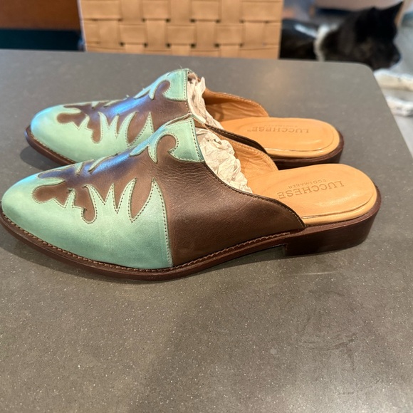Lucchese Brown and Turquoise Leather Slip-On Mules - Picture 3 of 4